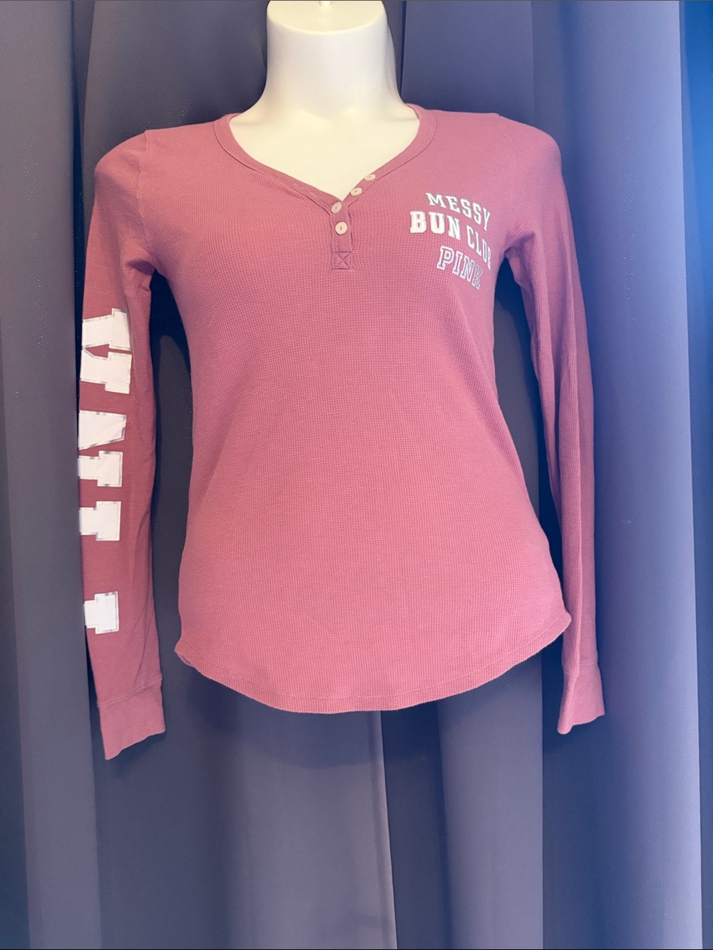 PINK Victoria's Secret Waffle-Knit Henley  in Dusty Rose with Graphic Sleeve